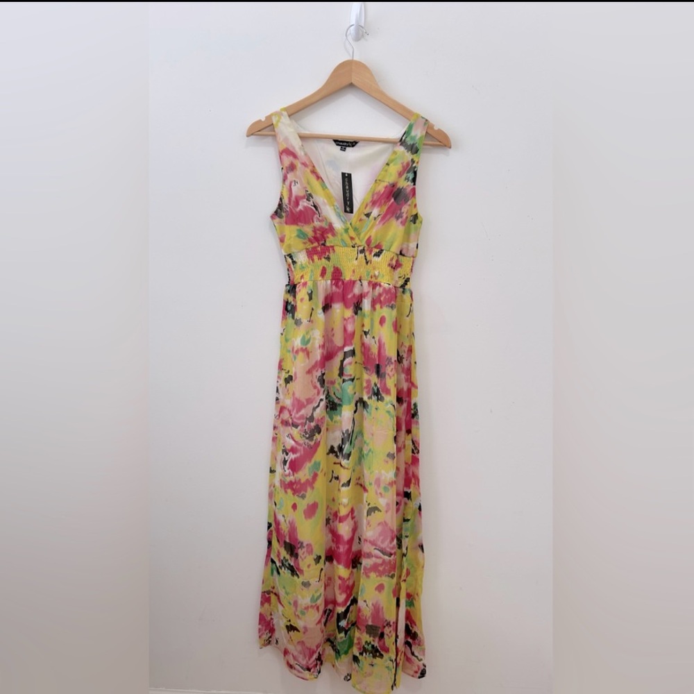 Chaudry Dress Womens Small V Neck Sleeveless Yellow Abstract Midi New - Picture 9 of 10